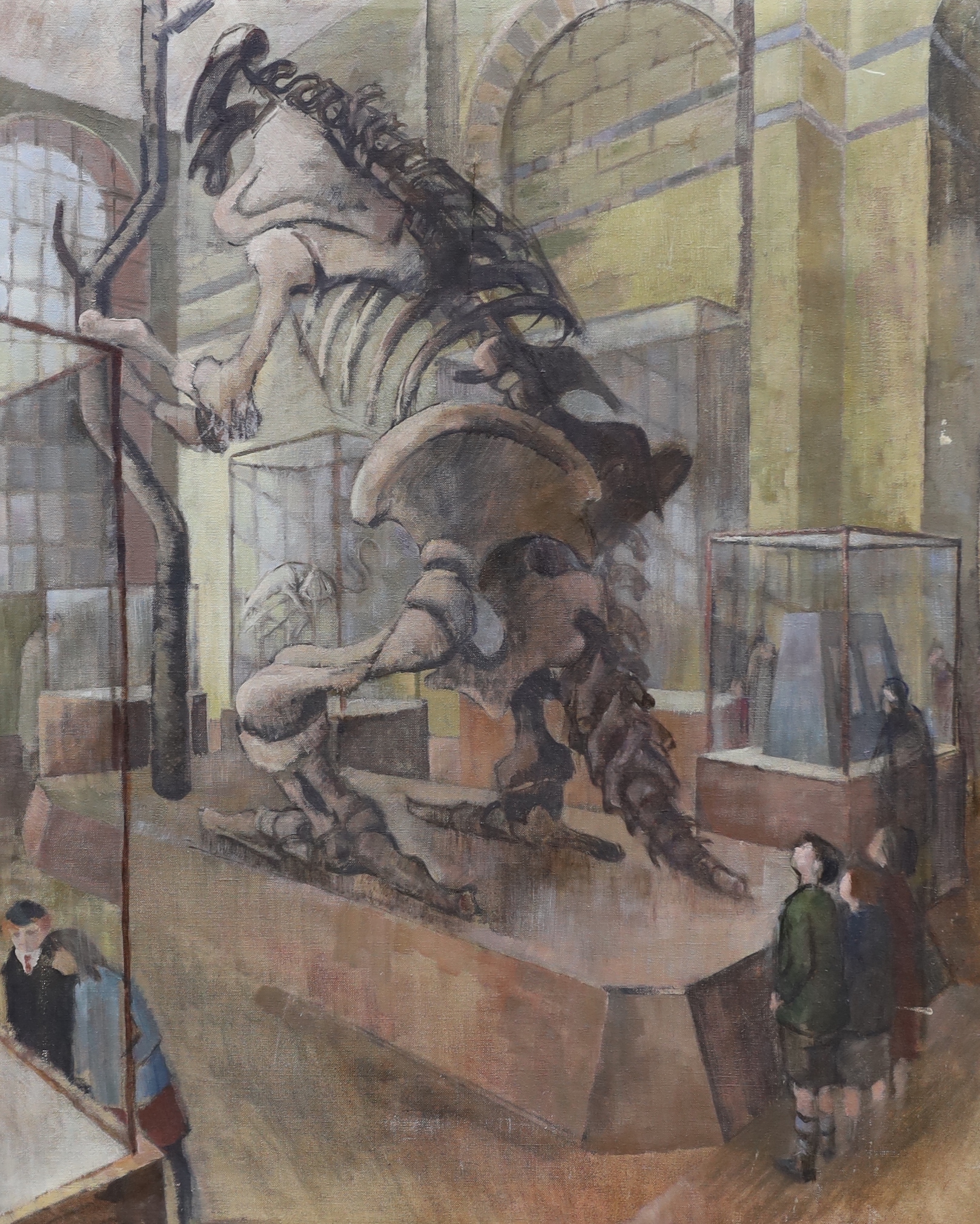 Modern British, oil on canvas, Dinosaur skeleton in a museum, a sketch of a house verso, 76 x 61cm, unframed